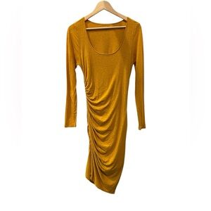Mustard Yellow Asymmetrical Bodycon Dress with Long Sleeves and Scoop Neck